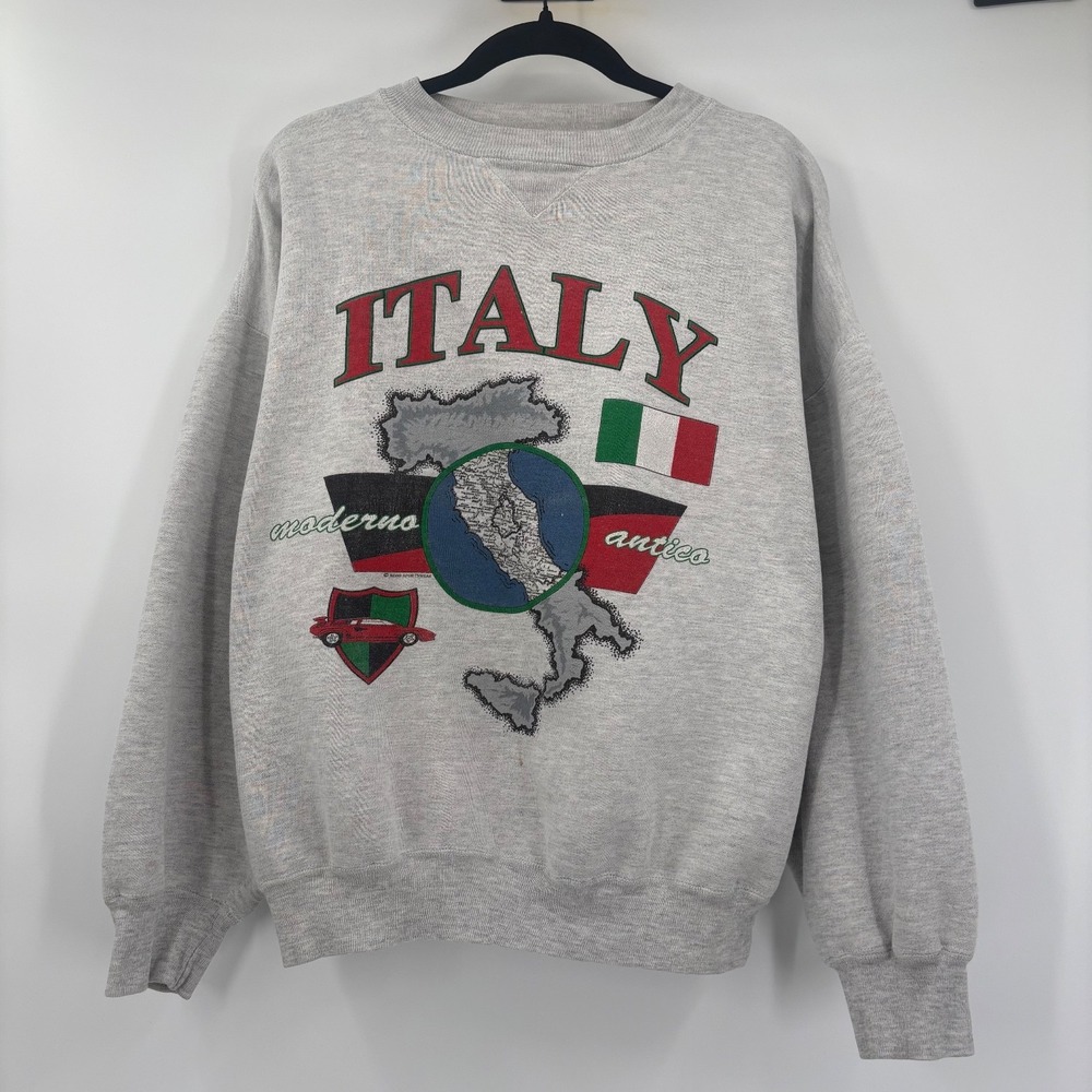 Italy Mens Large Crewneck Sweatshirt Graphic Long Sleeve Gray Cotton Y2K